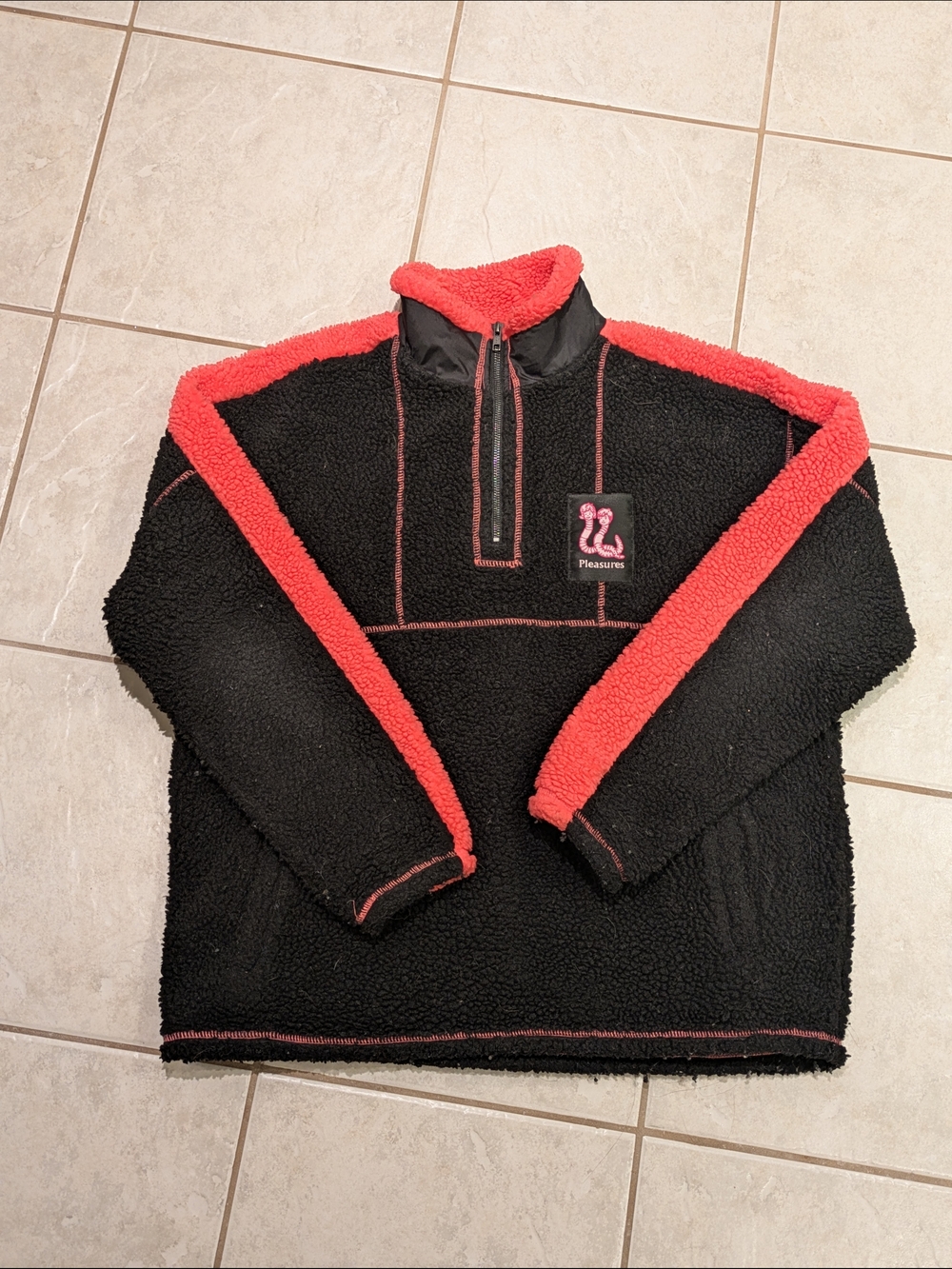 Pleasures Black Sherpa Quarter Zip Sweater with Hot Pink Trim